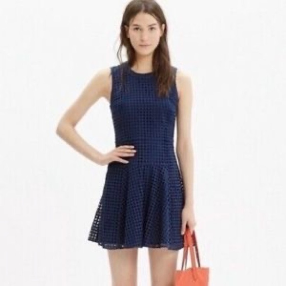 Women’s MADEWELL blue eyelet lace sunshade fit to flare dress size 12